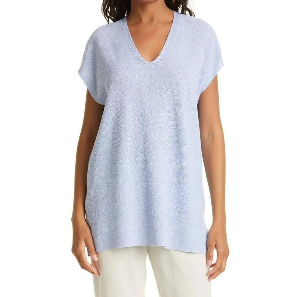 Eileen Fisher Linen Cotton V-Neck Cap Sleeve Knit Tunic Top Light Blue XL